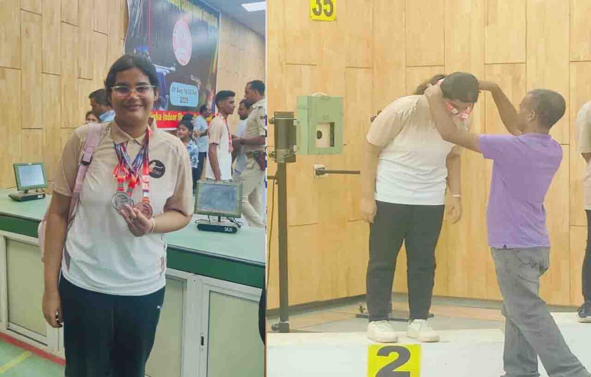 बिहार शूटिंग चैंपियनशिप में पदक जीतने के बाद आर्या सिसोदिया की फोटो, शील्ड और मेडल के साथ