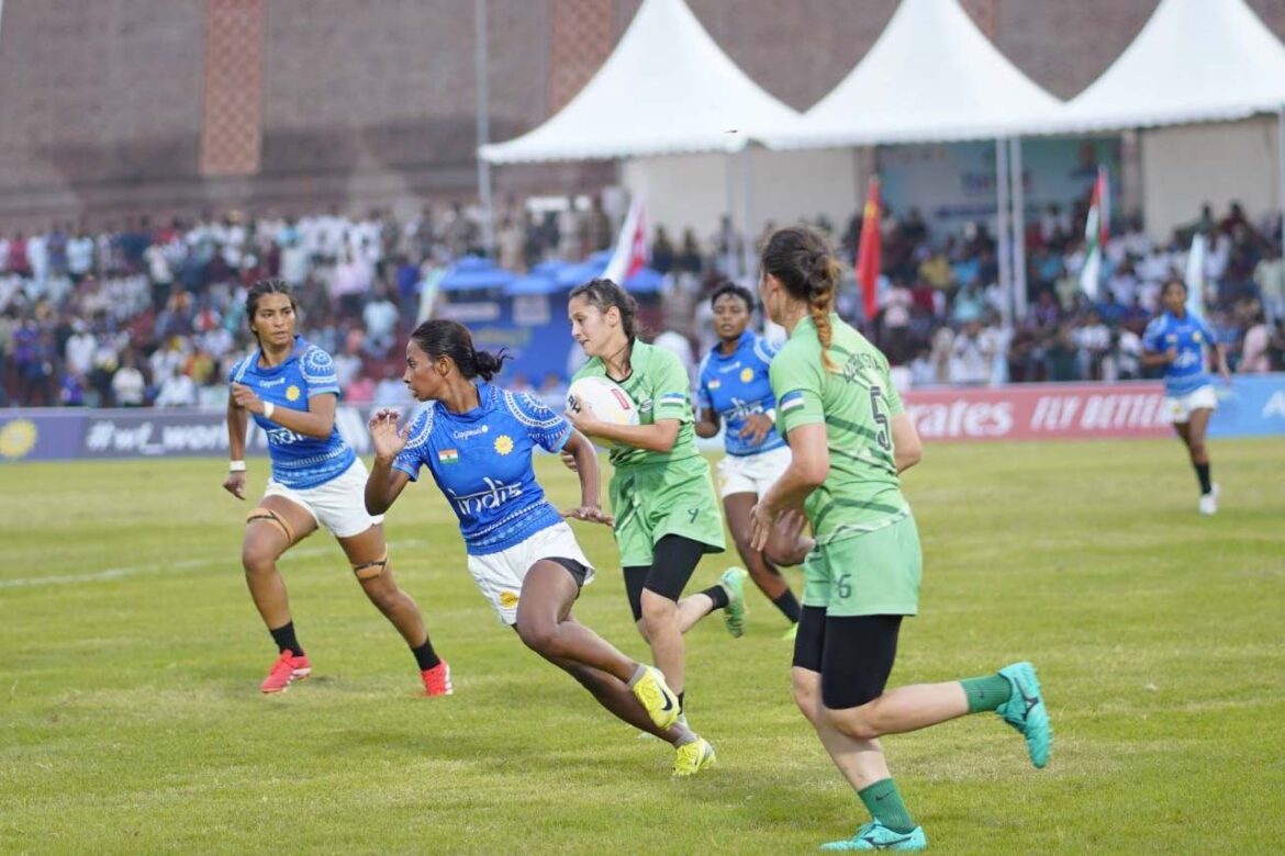 एशिया रग्बी अंडर-20 सेवेंस चैंपियनशिप 2025 में भारत, उज्बेकिस्तान मुकाबले की एक्शन तस्वीर